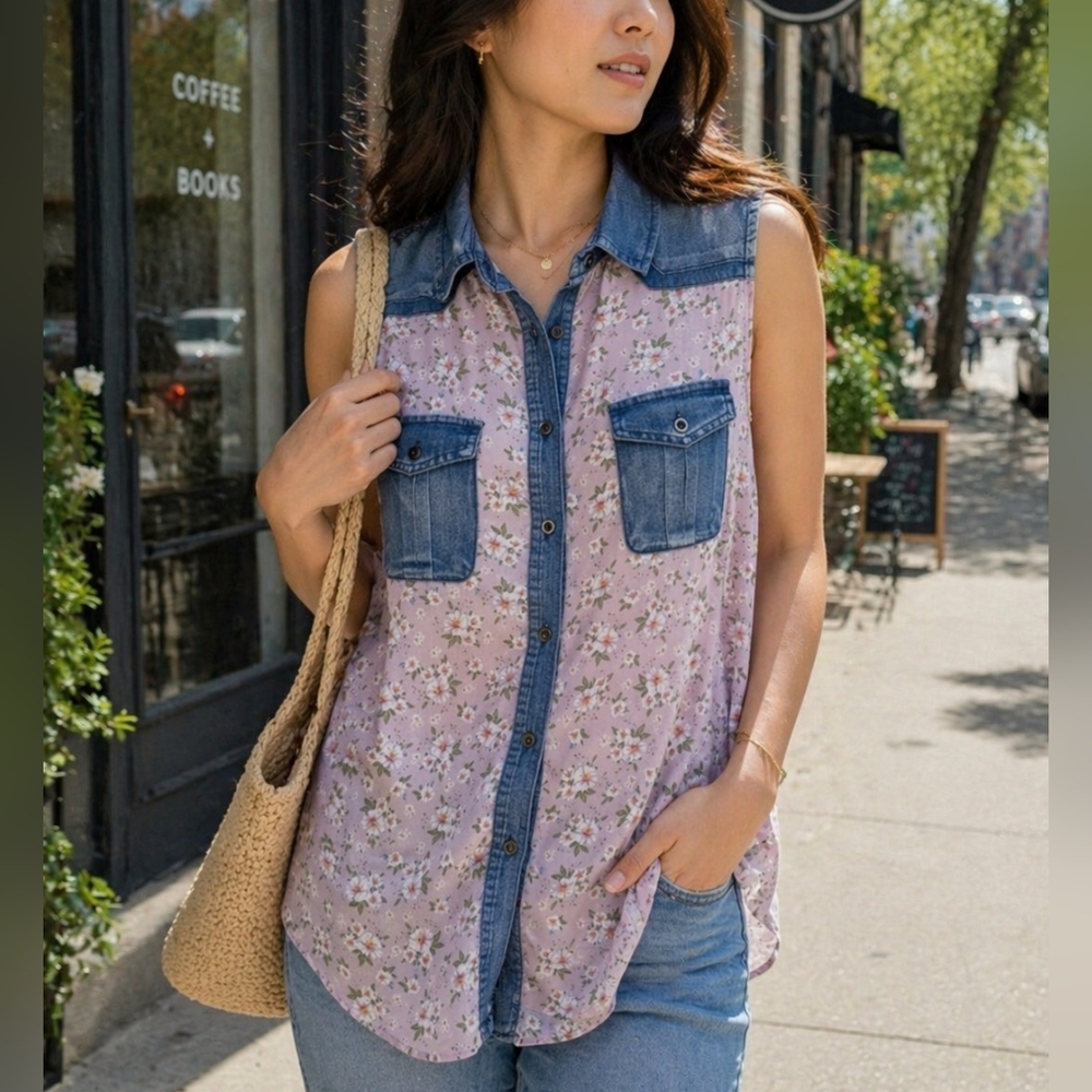 Papillon Blanc Floral Denim Style Button Front Sleeveless Top Large Blue Pink